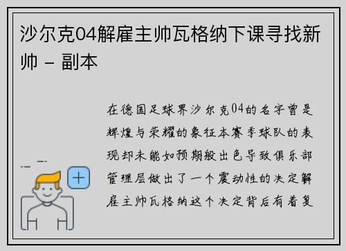 沙尔克04解雇主帅瓦格纳下课寻找新帅 - 副本